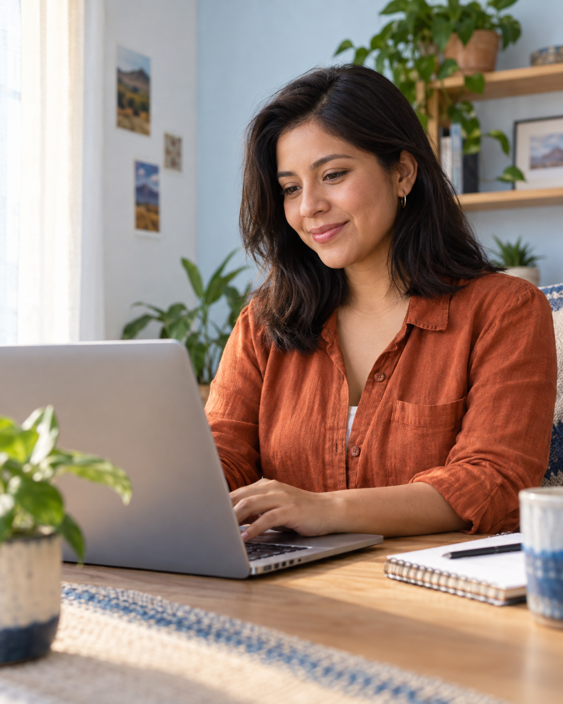 Mujer trabajando con su computadora portátil desde casa